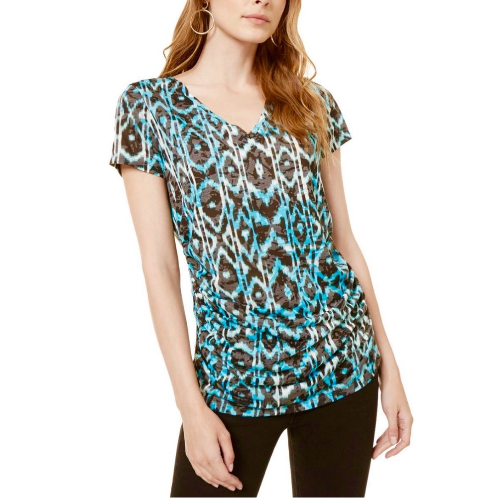 💖 INC Blue/Black Geometric Short-Sleeved V-Neck Pullover Blouse, Size M